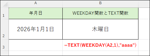WEEKDAY関数とTEXT関数で漢字の曜日を表示